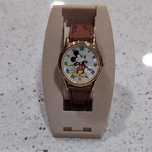Mickey Mouse Gold-Tone Watch with Brown Leather Strap
